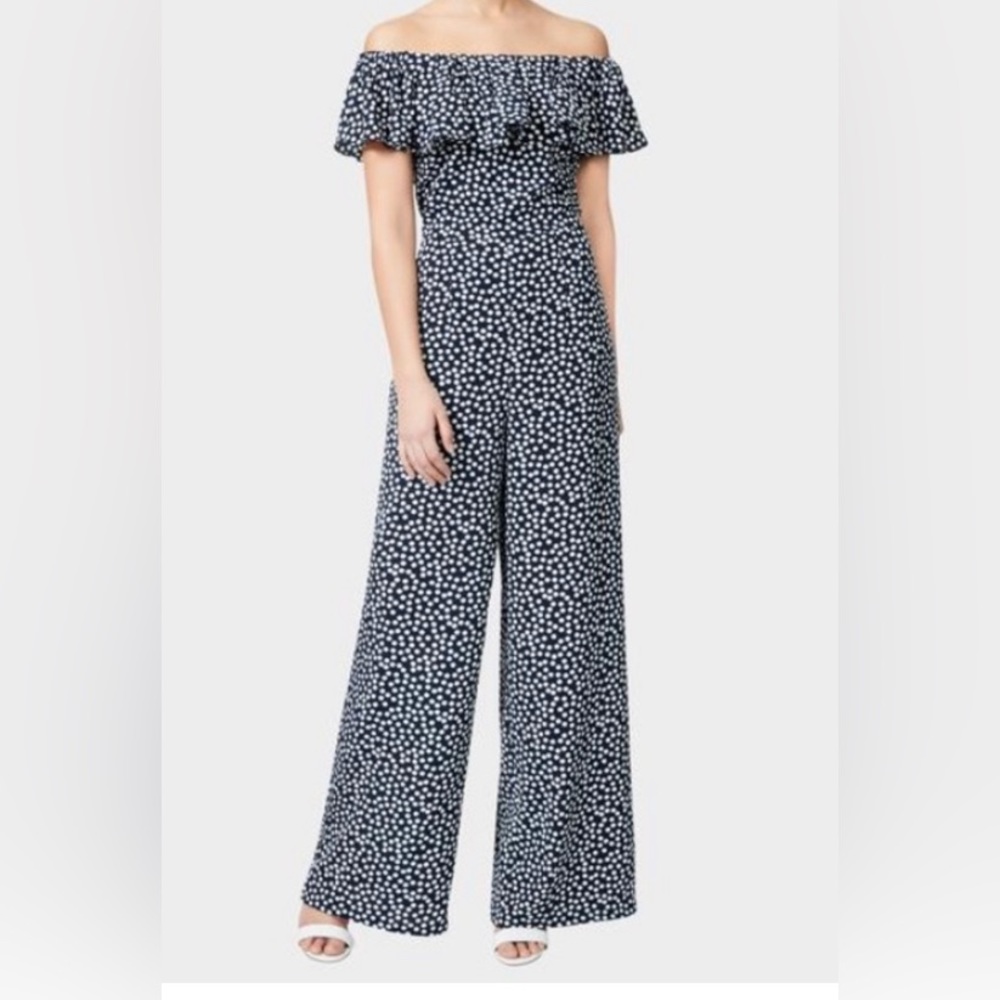 BETSEY Johnson Navy White Polka Dot Ruffle Elastic Top Jumpsuit Size 12 NWT